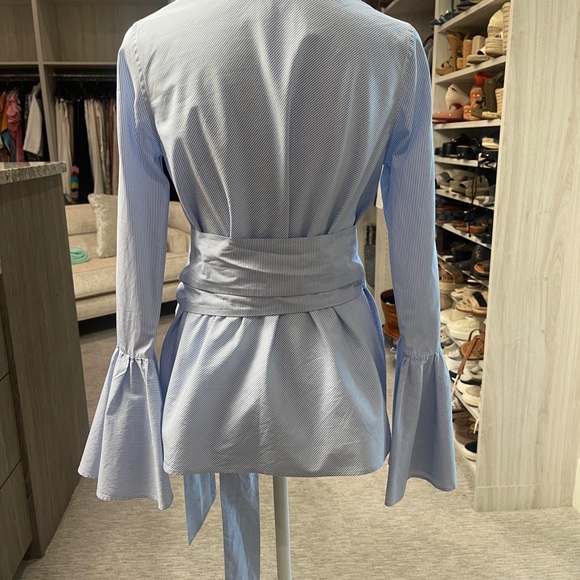 Blue and white Ann Mashburn wrap tie blouse - Picture 2 of 6